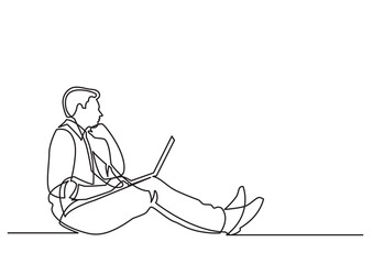 Fototapeta na wymiar continuous line drawing vector illustration with FULLY EDITABLE STROKE of businessman sitting thinking with laptop computer