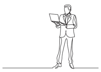 continuous line drawing vector illustration with FULLY EDITABLE STROKE of  businessman standing with laptop computer