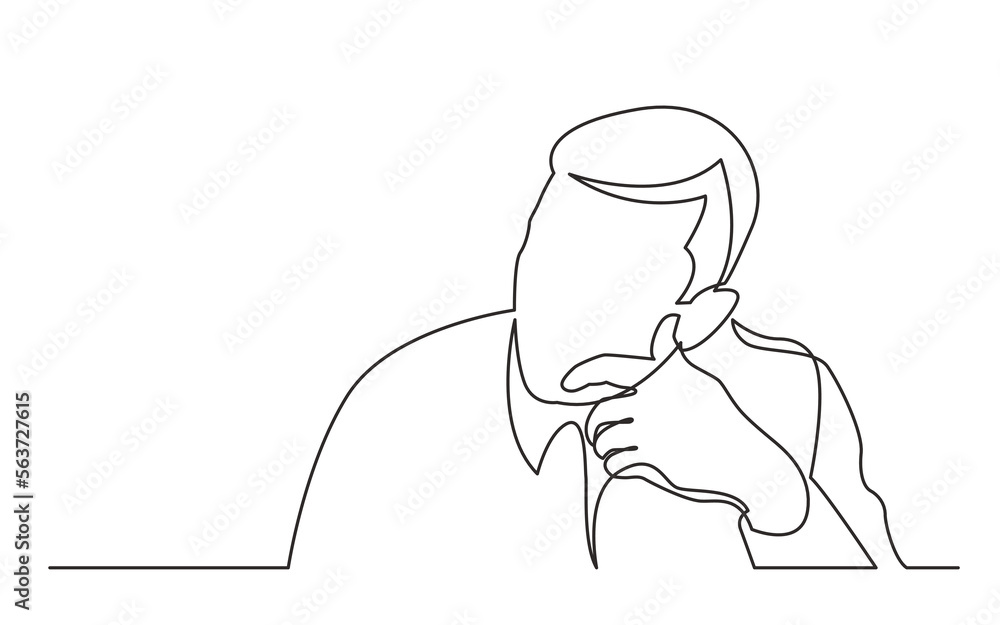 Poster continuous line drawing vector illustration with fully editable stroke of sitting man in deep though