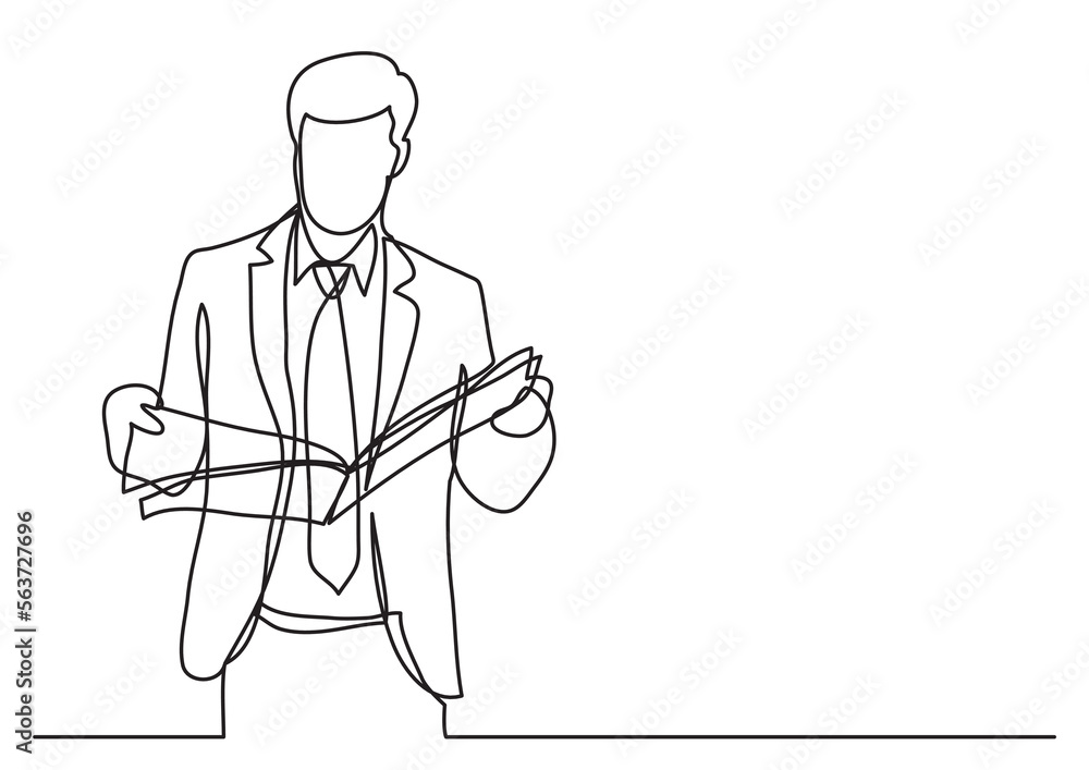Poster continuous line drawing vector illustration with fully editable stroke of standing businessman readi