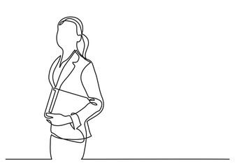 continuous line drawing vector illustration with FULLY EDITABLE STROKE of  standing business woman with papers