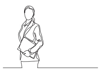 continuous line drawing vector illustration with FULLY EDITABLE STROKE of  standing business woman