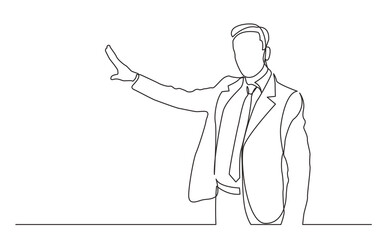 continuous line drawing vector illustration with FULLY EDITABLE STROKE of  standing businessman presenter showing at screen - obrazy, fototapety, plakaty