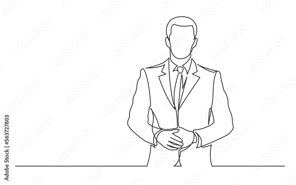 Poster continuous line drawing vector illustration with fully editable stroke of standing man in suit prese