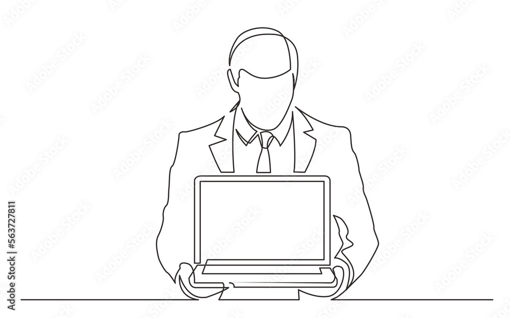 Poster continuous line drawing vector illustration with fully editable stroke of standing man in suit showi