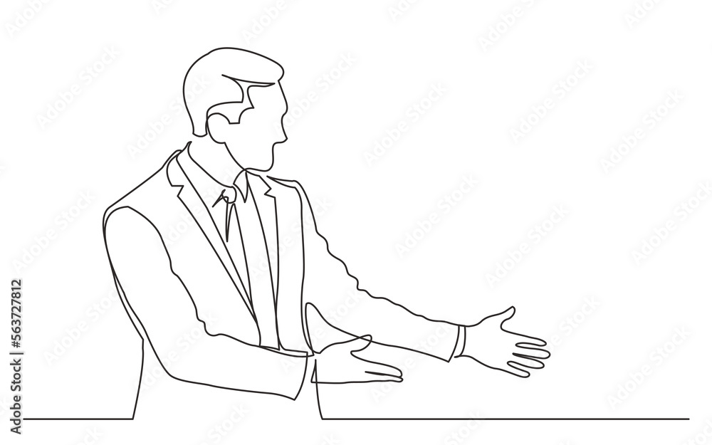 Poster continuous line drawing vector illustration with fully editable stroke of standing man in suit showi