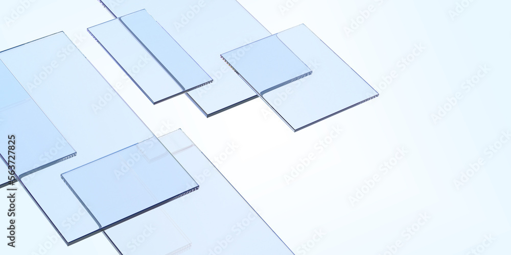 Poster abstract geometric background with blue glass plates 3d render. clear rectangular and square acrylic