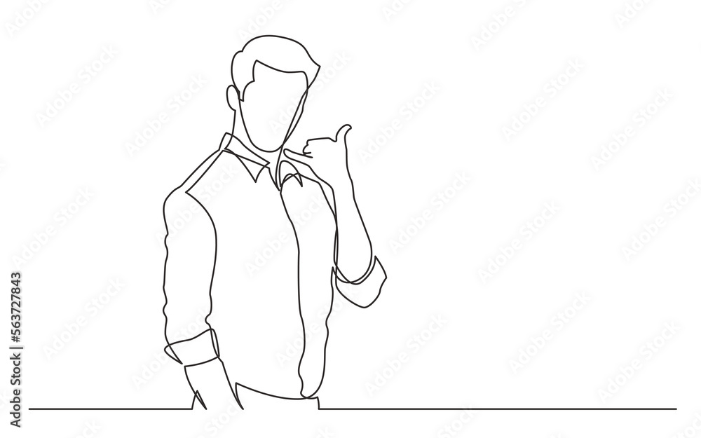 Poster continuous line drawing vector illustration with fully editable stroke of standing man showing call 