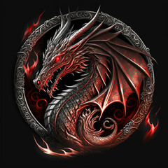 Silver dragon logo with red sparkles