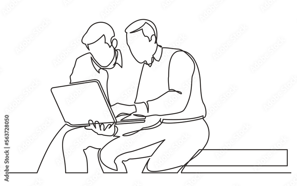 Poster continuous line drawing vector illustration with fully editable stroke of two employee collaboration