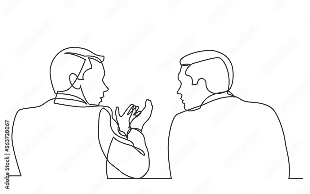 Poster continuous line drawing vector illustration with fully editable stroke of two men talking