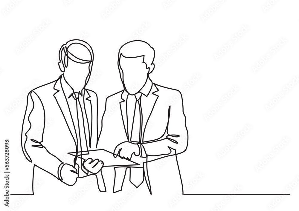 Poster continuous line drawing vector illustration with fully editable stroke of two standing businessmen d