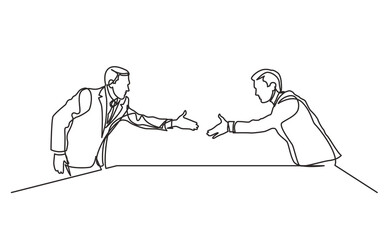 continuous line drawing vector illustration with FULLY EDITABLE STROKE of  two businessmen shaking hands meeting
