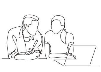 continuous line drawing vector illustration with FULLY EDITABLE STROKE of  two coworkers talking