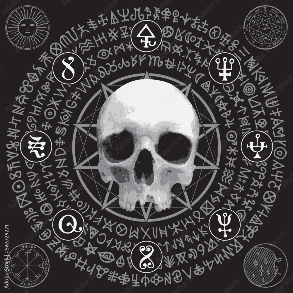 Wall mural vector illustration with people skull, pentagram, occult and witchcraft signs. the symbol of satanis