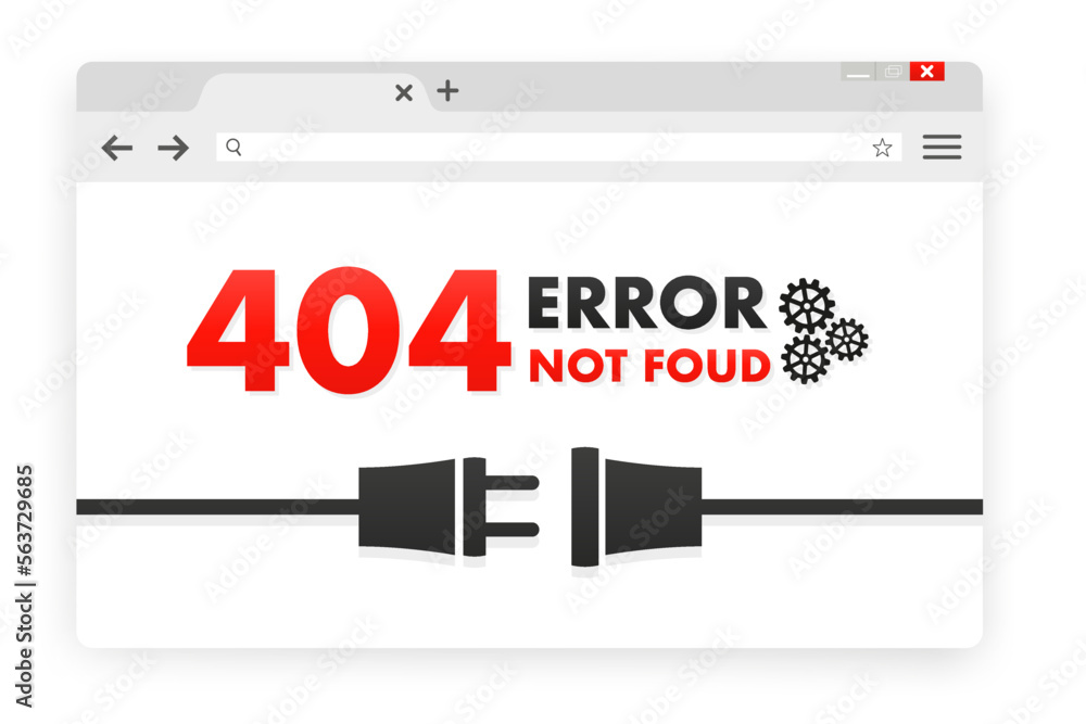 Poster 404 error page not found banner. cable and socket. cord plug. system error, broken page. disconnecte