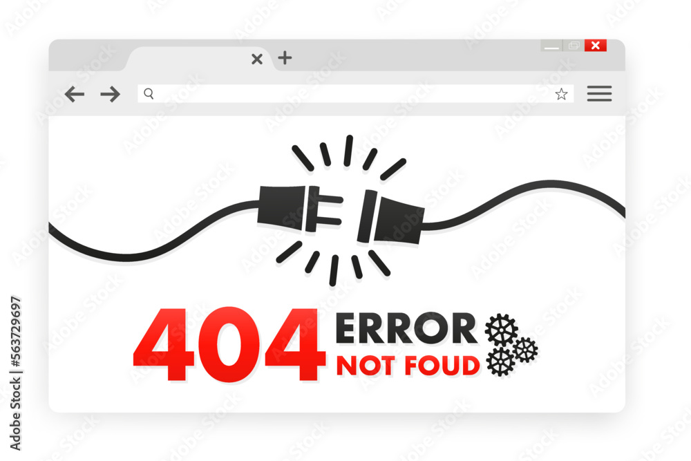 Poster 404 error page not found banner. cable and socket. cord plug. system error, broken page. disconnecte