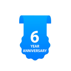 6 Years Anniversary Celebration. Design with blue color and ribbon isolated on white background for celebration event. Vector illustration