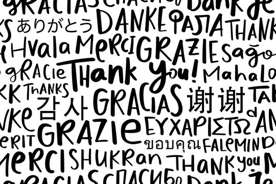 Thank you in different international world languages text, seamless pattern repeating texture background design. Vector illustration for prints, wallpapers, fashion graphics.
