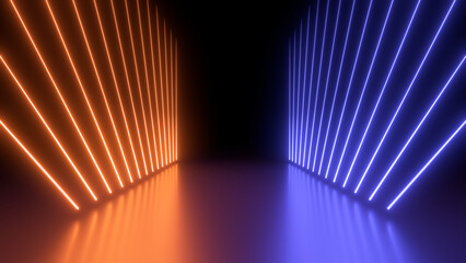 Sci Fy neon glowing wave lines in a dark hall. Reflections on the floor. Empty background in the center. 3d rendering image. Abstract glowing lines. Techology futuristic background.