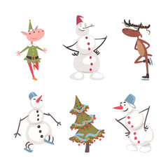 Christmas and New Year Character with Snowman, Reindeer, Elf and Fir Tree Vector Set
