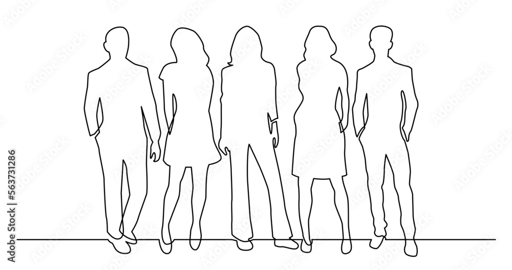 Poster continuous line drawing vector illustration with fully editable stroke of of diverse group of standi