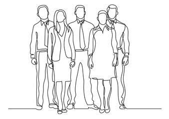 continuous line drawing vector illustration with FULLY EDITABLE STROKE of four business professionals standing confident