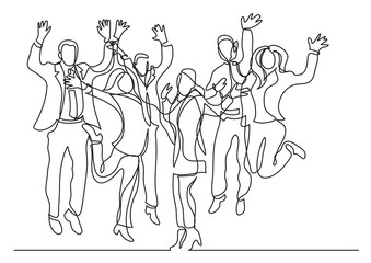 continuous line drawing vector illustration with FULLY EDITABLE STROKE of happy business team jumping joy