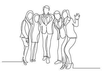 continuous line drawing vector illustration with FULLY EDITABLE STROKE of happy business team standing