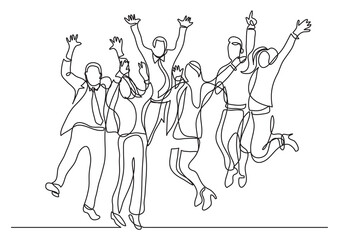 Fototapeta na wymiar continuous line drawing vector illustration with FULLY EDITABLE STROKE of happy office workers jumping joy