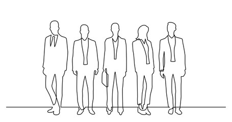 continuous line drawing vector illustration with FULLY EDITABLE STROKE of of diverse group of standing business professionals
