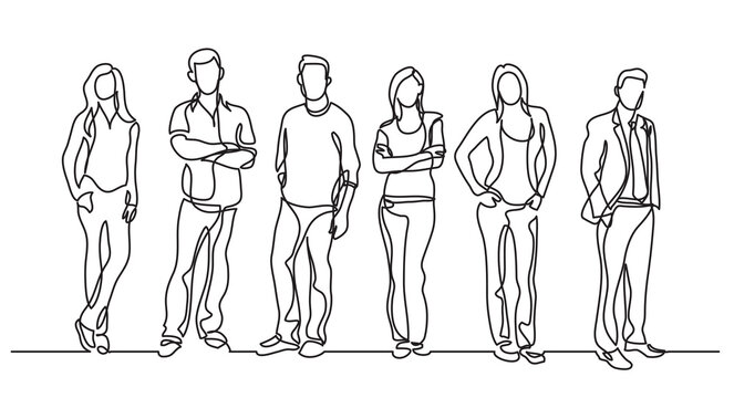 continuous line drawing vector illustration with FULLY EDITABLE STROKE of diverse group of standing people