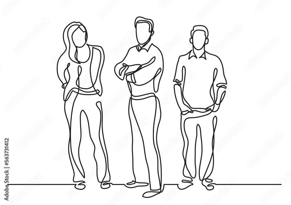 Poster continuous line drawing vector illustration with fully editable stroke of standing team members