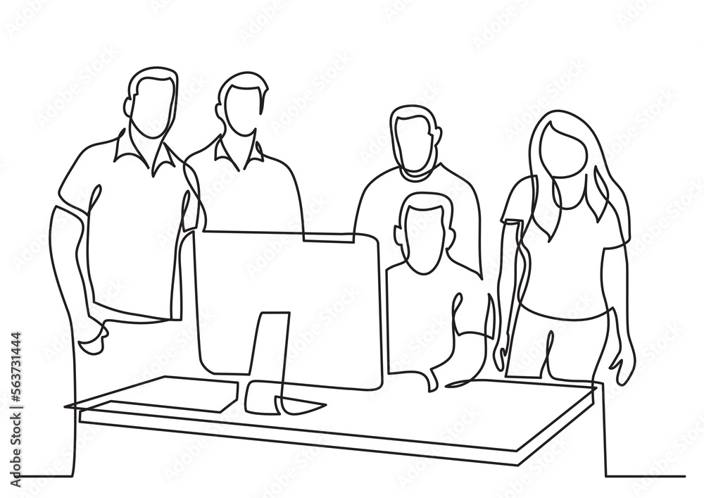 Aufkleber continuous line drawing vector illustration with fully editable stroke of team standing in office