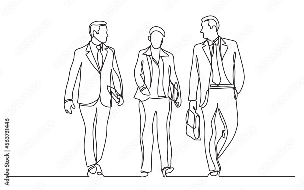 Poster continuous line drawing vector illustration with fully editable stroke of three business execitives 
