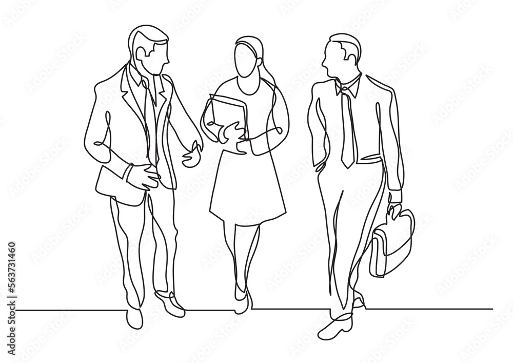 Poster continuous line drawing vector illustration with fully editable stroke of three business professiona