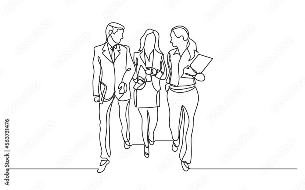 Poster continuous line drawing vector illustration with fully editable stroke of three team members walking