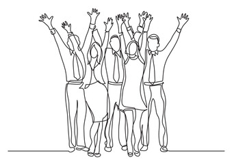 continuous line drawing vector illustration with FULLY EDITABLE STROKE of standing office team cheering waving hands