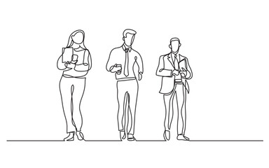 Obraz premium continuous line drawing vector illustration with FULLY EDITABLE STROKE of three office workers walking together