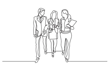 continuous line drawing vector illustration with FULLY EDITABLE STROKE of three team members walking together