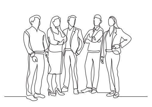 continuous line drawing vector illustration with FULLY EDITABLE STROKE of standing team of professionals