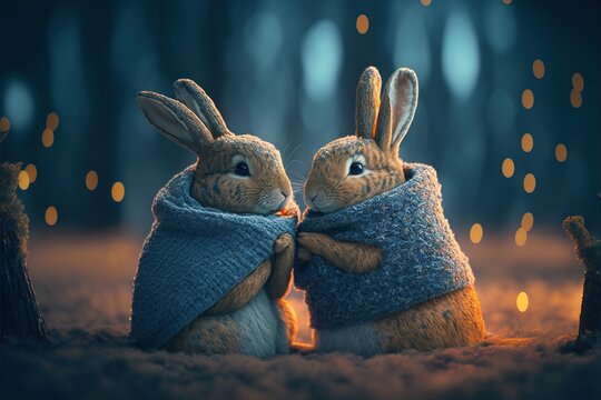  two rabbits in sweaters are sitting in the snow together, with lights in the background and a boke of lights in the background, and a dark forest with a few lights,.  Generative AI