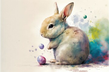  a painting of a rabbit with a ball in its paws and a colored background behind it, with a white background and a blue and green spot in the middle of the picture is a. Generative AI