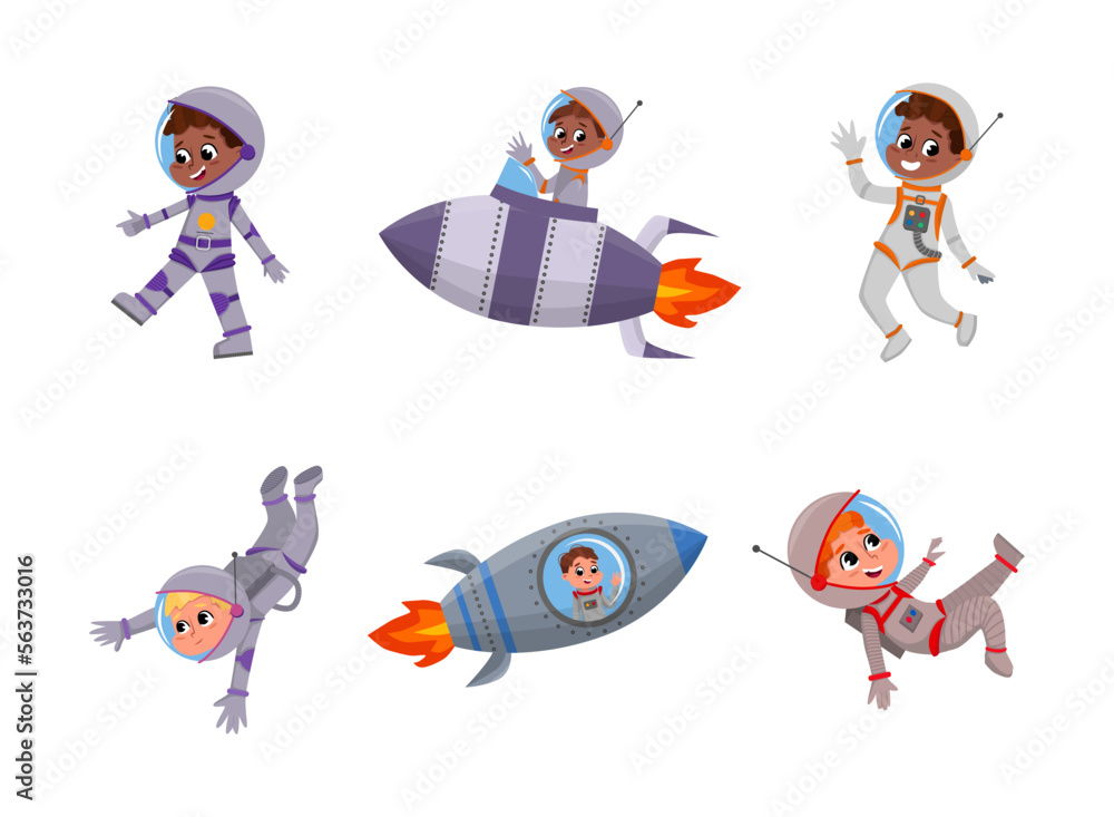 Poster cute kid astronauts in outer space riding rocket or spaceship vector set