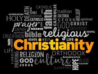 Christianity is an Abrahamic monotheistic religion based on the life and teachings of Jesus of Nazareth, word cloud concept background