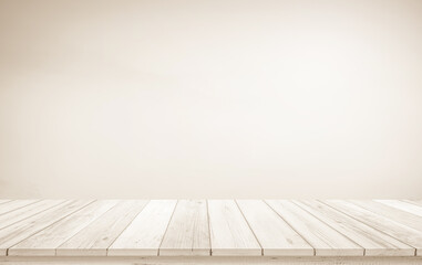 Wooden terrace the blurred and Christmas background concept. Wood white top table perspective in...