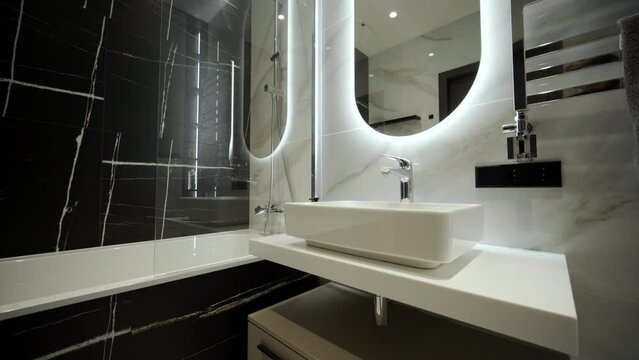 Modern Bathroom With A Shower Area And Bath Tub Including A Wall Mirror Beside A Fancy Plant Near A Tap And Sink Over The Wooden Counter And Dark Cupboard