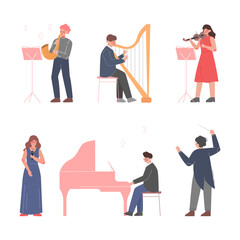 Man and Woman Musician Character Playing Musical Instrument and Conducting Orchestra Vector Set