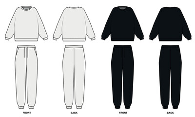Vector contour drawing of a crew-neck sweatshirt and sweatpants. Set of tracksuit templates, front and back view. Hoodie and joggers sketch on white background, vector.