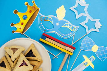 Jewish holiday Purim celebration concept. Traditional hamantasch or hamantaschen Haman's ears...